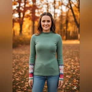 Green Knit Sweater with Patterned Sleeves